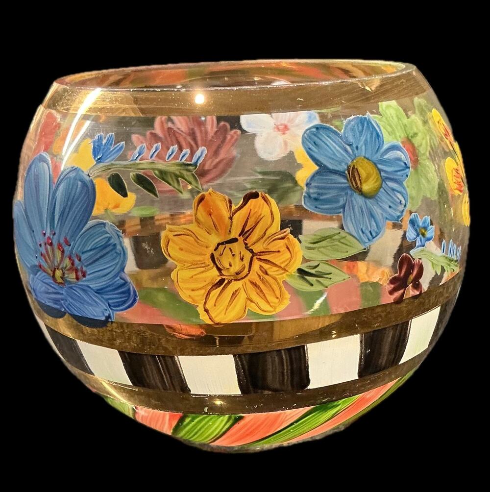 This is a MacKenzie-Childs Flower Market glass hand-painted globe vase.